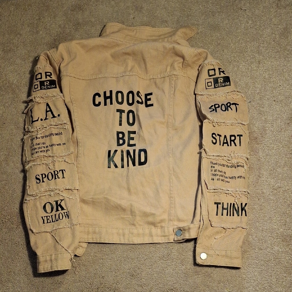 SHEIN tan Denim Jacket with Graphic Text - Picture 1 of 5